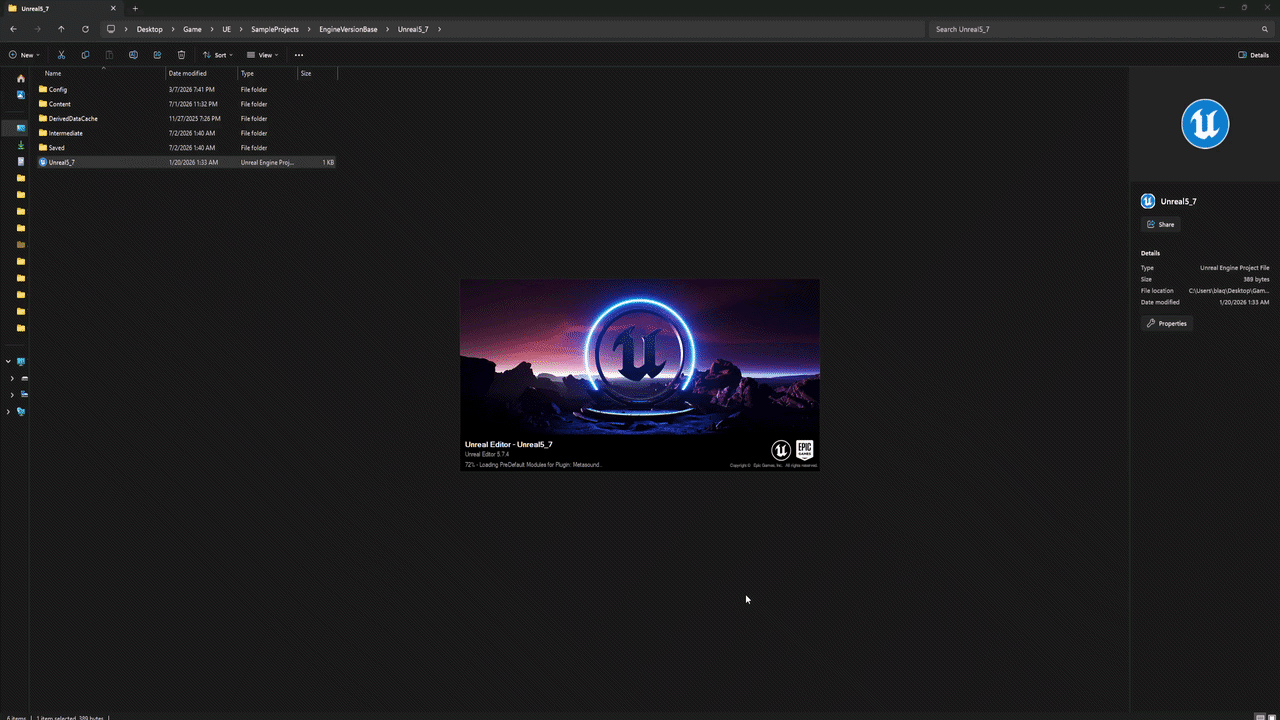 Unreal Engine starting up with saved Tab Assist tabs reopening automatically, each with its assigned color